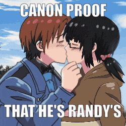 a picture of a boy and girl kissing with the caption canon proof that he 's randy 's