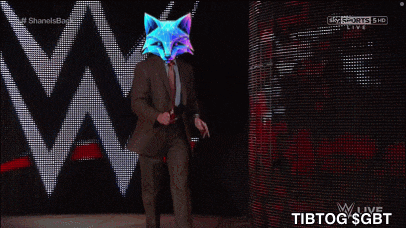 a man in a suit and tie with a fox mask on his head walks in front of a sky sports sign