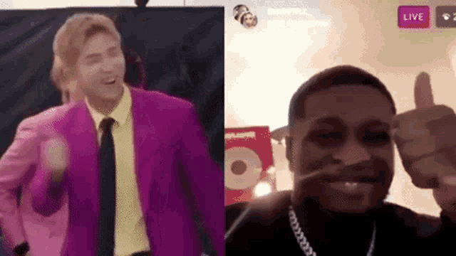 a man in a purple suit and tie is giving a thumbs up next to a man in a black shirt .