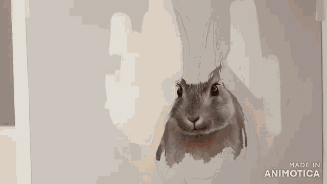 a rabbit is being painted on a canvas with the words made in animotica written on the bottom