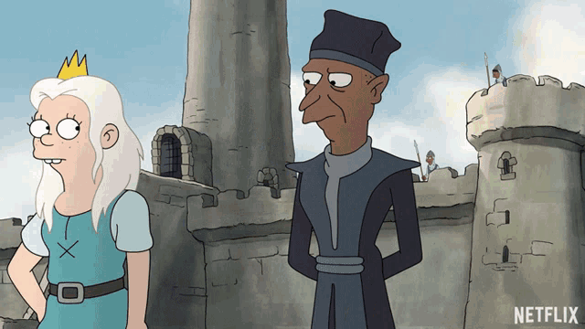 a cartoon of a man and a woman standing in front of a castle with the word netflix on the bottom