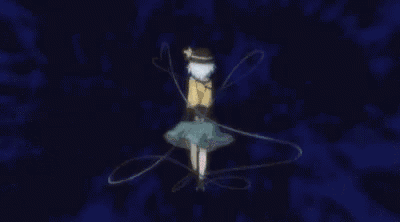 a girl with white hair and a hat is standing in a dark room holding a purple string .