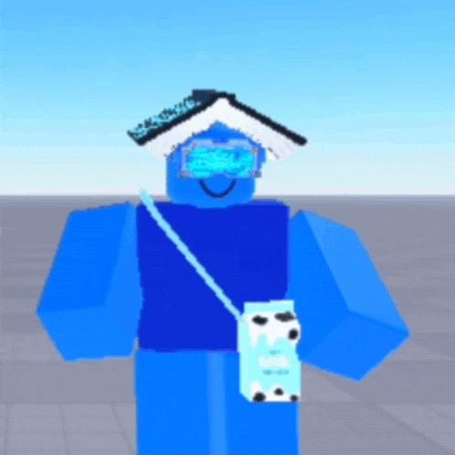 a blue cartoon character is holding a milk carton and a book on his head
