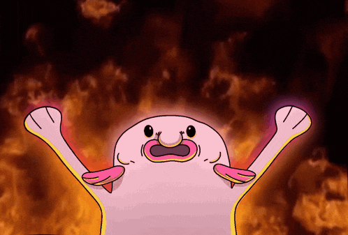 a pink cartoon character is standing in front of a fire