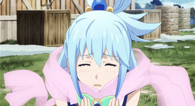 a girl with blue hair wearing a pink scarf around her neck