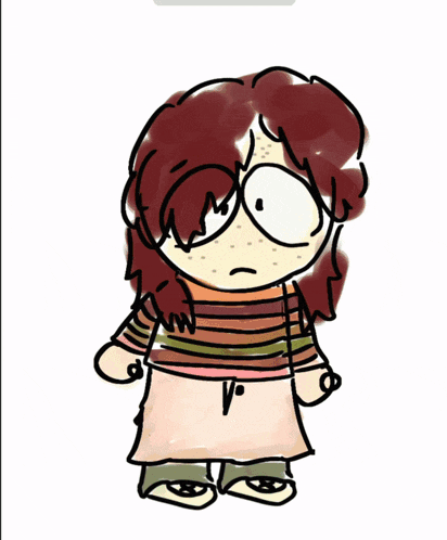 a cartoon drawing of a girl with a black object on her eye
