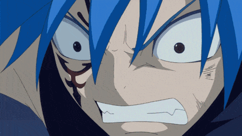 a close up of a person 's face with blue hair and white eyes