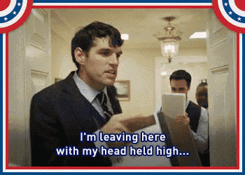 a man in a suit and tie is saying i 'm leaving here with my head held high