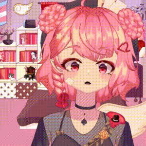 a girl with pink hair and red eyes is wearing a choker and top hat .