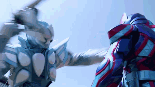 two robots are fighting each other with swords against a blue sky