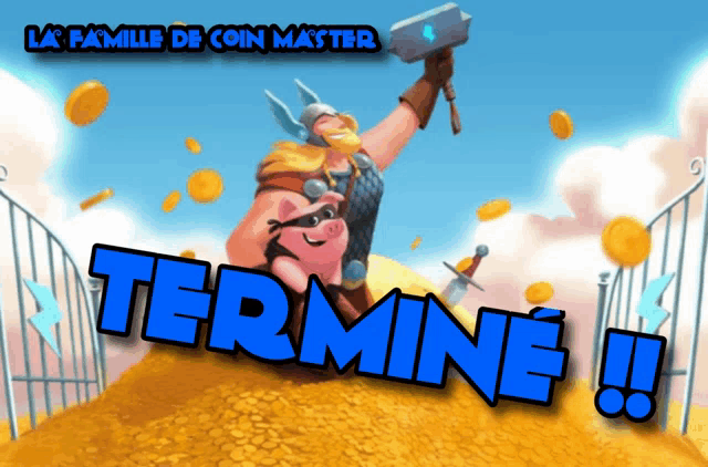 a poster for la famille de coin master shows a viking holding a hammer