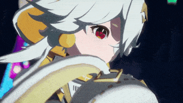 a close up of a cartoon character with red eyes and white hair