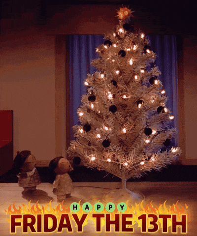 a poster for friday the 13th with a christmas tree in the background
