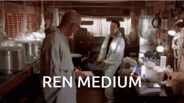 two men standing in a room with the word ren medium written on the bottom