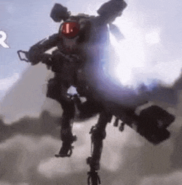 a robot is flying through the air while holding a gun in a video game .