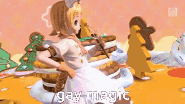 a girl in a white dress is holding a whisk in her hand while standing next to a gingerbread man .