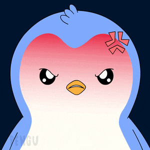 a penguin with an angry look on its face has the word pengu on the bottom right
