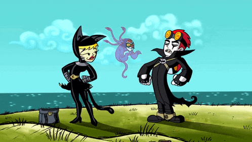 a cartoon drawing of a cat and a man standing on a beach