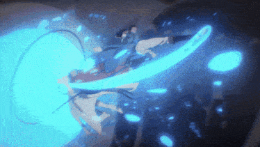 a cartoon character is flying through the air with a blue light behind them