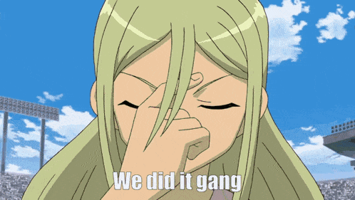 a cartoon character covering her face with her hand and the words we did it gang