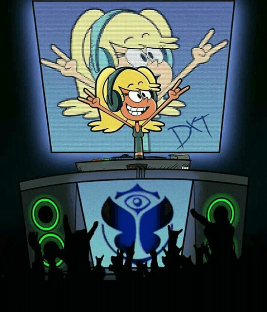 a cartoon of a girl wearing headphones and giving a peace sign in front of a screen that says dxt