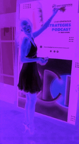 a woman in a black dress stands in front of a purple sign that says lead generation strategies podcast