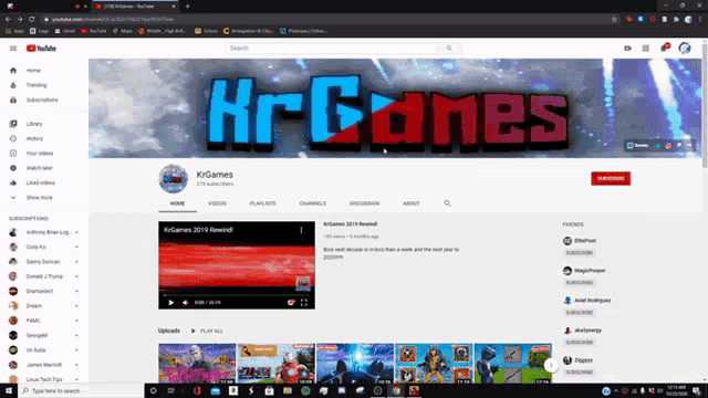 a computer screen shows a youtube channel for hr games
