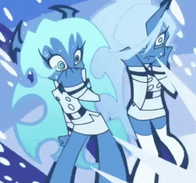 a cartoon character with blue hair and white pants is standing next to another character with blue hair and white pants
