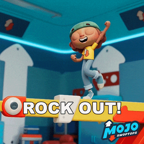a cartoon character is standing on a balance beam with the words " rock out " written on it
