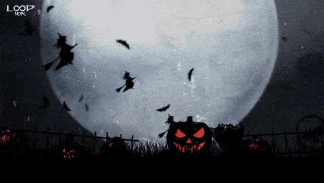 witches and pumpkins in front of a full moon with loop nepal in the corner