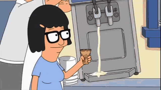 a cartoon character is holding an ice cream cone in front of an ice cream maker .