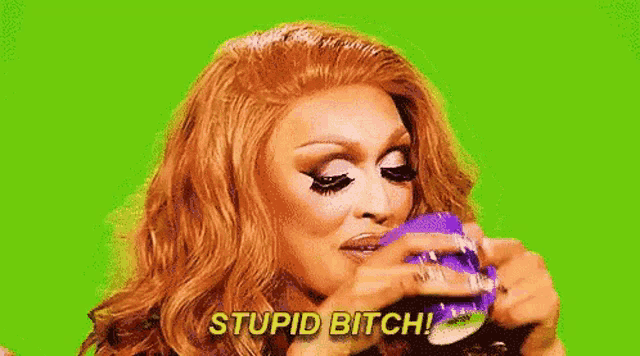 a drag queen is making a funny face and says stupid bitch .