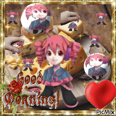 a picture of a girl with pink hair and the words good morning on it