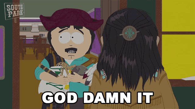 a south park cartoon shows randy marsh talking to a woman