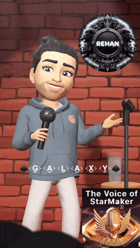 a cartoon character singing into a microphone with the name rehan