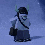 a person wearing headphones and a hat is standing in the snow holding a bag .