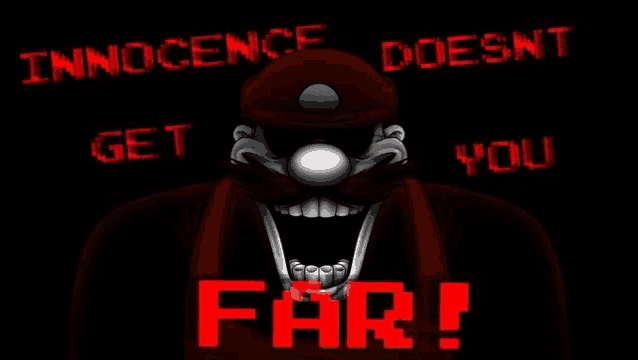a cartoon character with a red hat and a mustache is screaming in the dark .