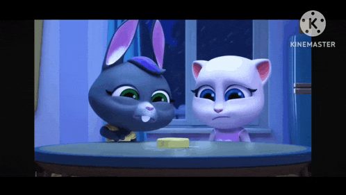 two cartoon characters are sitting at a table with a piece of butter on the table .