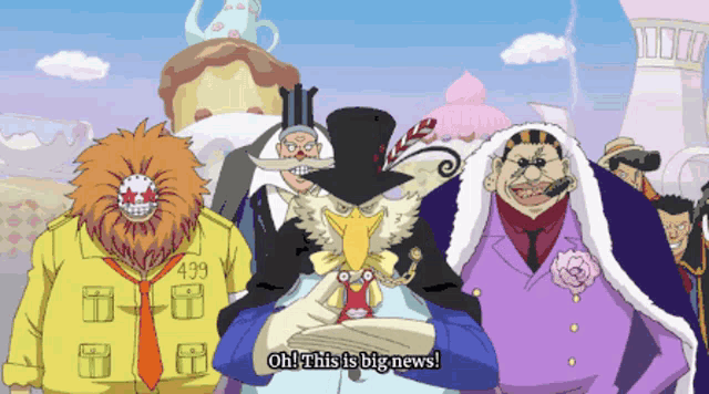 a group of cartoon characters are standing next to each other and one says oh this is big news