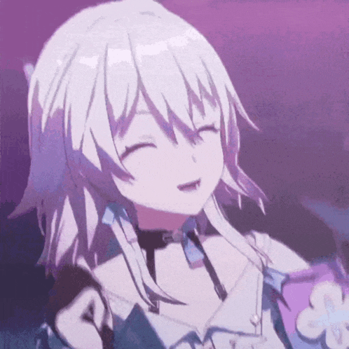 a girl with white hair and a choker is smiling and holding a flower .