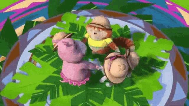 a group of stuffed animals are sitting in a circle