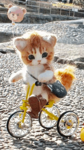 a stuffed cat is riding a yellow bicycle with a cat purse on the back