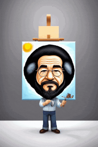 a cartoon of a man with a beard and glasses holding a brush in front of a painting of bob ross