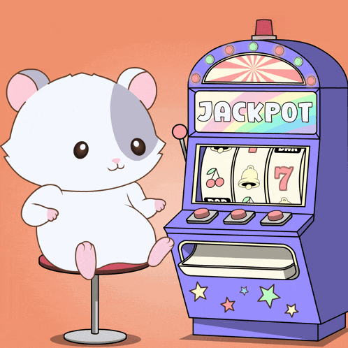 a cartoon of a hamster sitting next to a slot machine that says jackpot