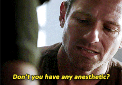 a close up of a man 's face with the words " do n't you have any anesthetic " above him