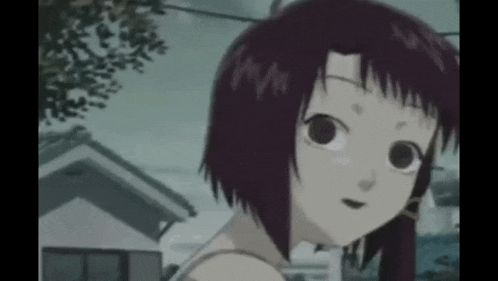 a girl with purple hair and black eyes is standing in front of a building .