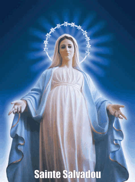 a picture of the virgin mary with the words sainte salvador on the bottom right