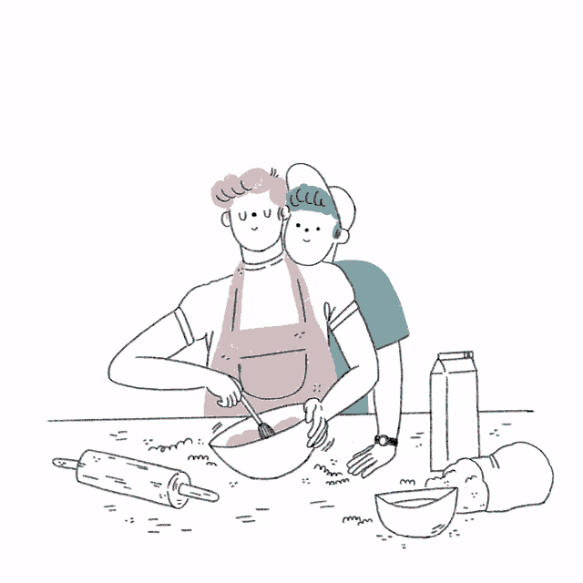 a line drawing of a man and a woman cooking together