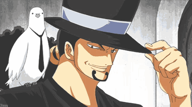 a man in a top hat with a white bird on his shoulder is smiling and adjusting his hat
