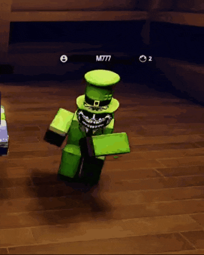 a green roblox character is wearing a green top hat and chains .